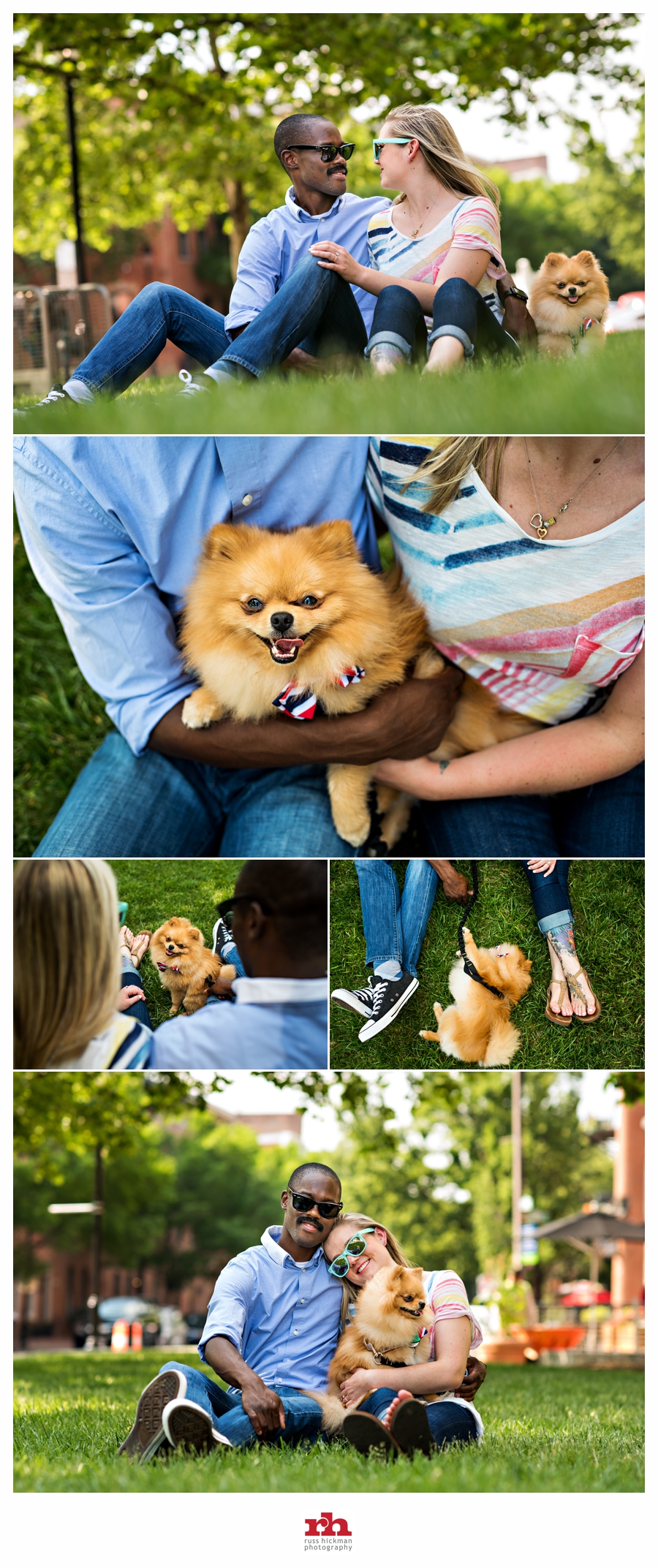 A couple snuggle with their dog in Fells Point in their Baltimore Engagement Session.